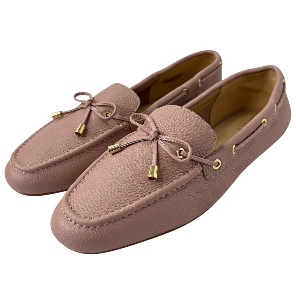 Talbots Blush Pink Leather Loafers Gold Tone Bow Sz 9.5 Driving Moccasin Preppy